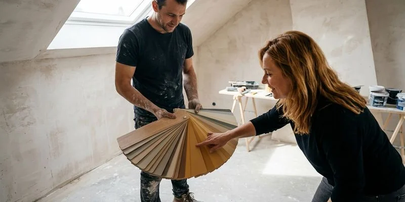 Applicateur béton ciré sur chantier présentant échantillons à client projet rénovation intérieur