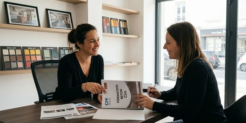 Conseiller accompagnant un stagiaire dans ses démarches de financement formation béton ciré