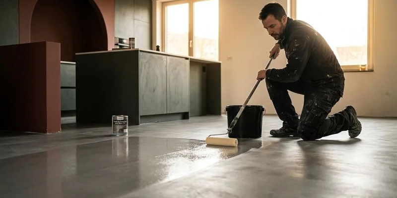 Surface béton ciré après finition vernis polyuréthane aspect satiné professionnel reflets lumière