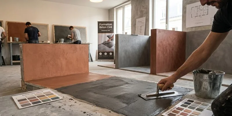 Intérieur de l'atelier de formation béton ciré à Paris