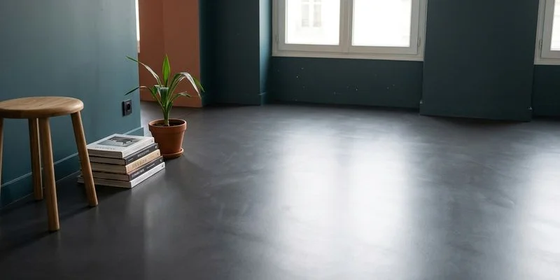 Sol béton ciré entretenu dans salon moderne surface lisse reflets lumière naturelle douce