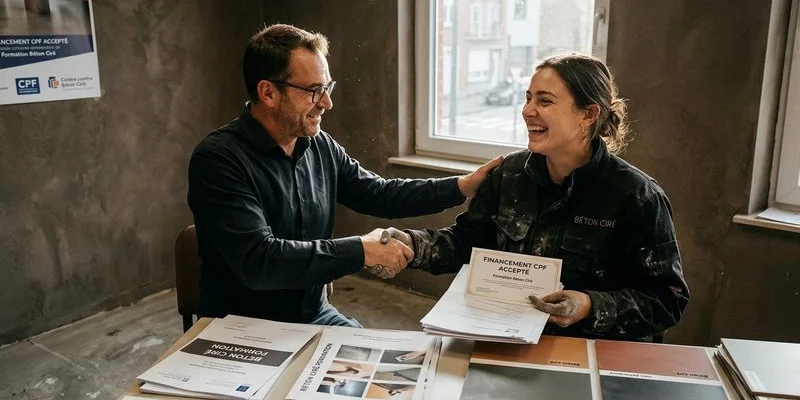 Stagiaire souriant après validation de son financement formation béton ciré