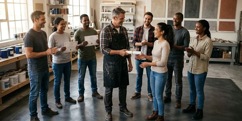 Groupe de stagiaires en formation béton ciré recevant leur certificat de compétences