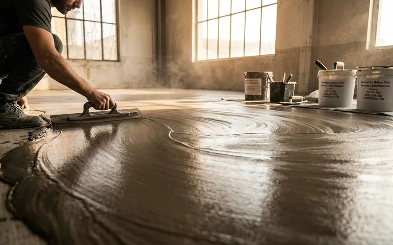 Applicateur béton ciré travaillant sur un sol avec lisseuse professionnelle technique précise