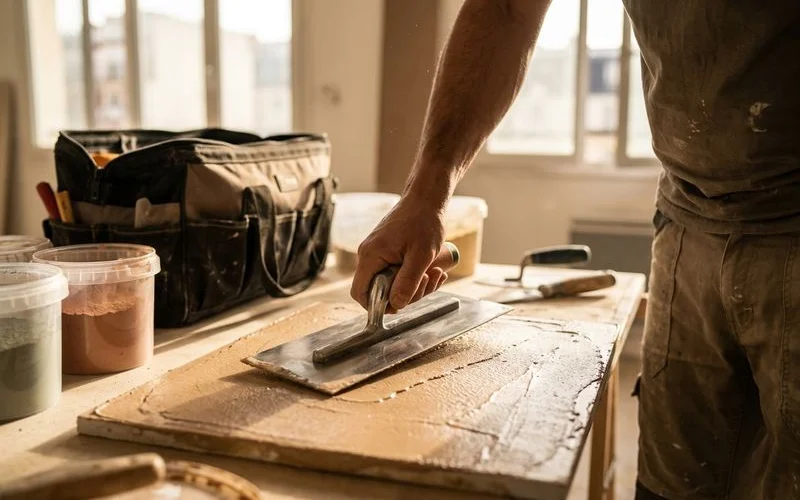 Application de beton cire professionnel avec outils specialises sur un chantier de renovation