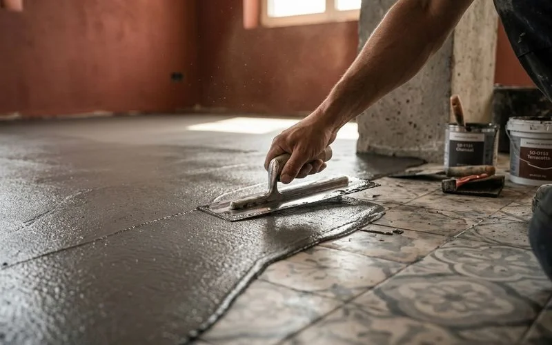 Application soignee du beton cire sur carrelage existant avec lisseuse inox en couches fines regulieres