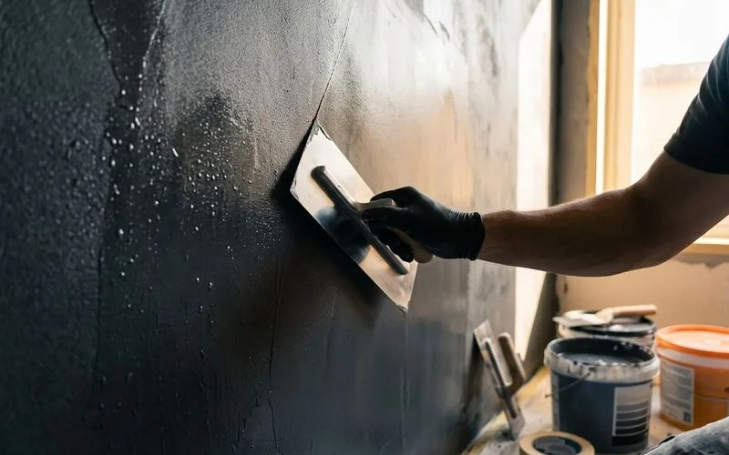 Application de beton cire sur les murs et le sol dune salle de bain moderne avec finition satinee