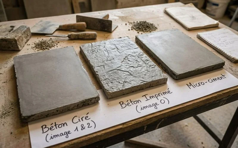 Comparaison entre differentes finitions de beton pour terrasse exterieure cire imprime et desactive