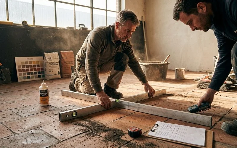 Diagnostic et verification du carrelage existant avant pose du beton cire avec controle de planeite
