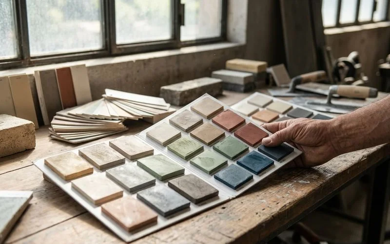 Différentes teintes et textures de béton ciré échantillons nuancier professionnel atelier