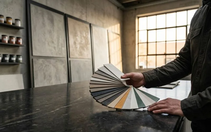 Differents echantillons de couleurs de beton cire professionnel disposes en eventail pour presentation client