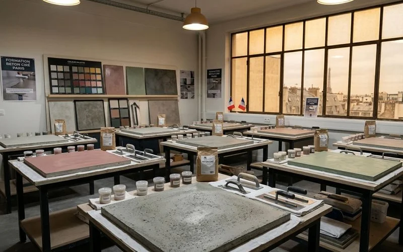 Intérieur atelier formation béton ciré Paris équipement professionnel postes travail lumineux