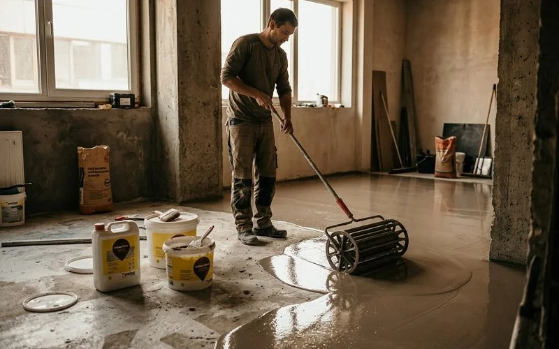 Artisan préparant un support pour béton ciré ragréage primaire accrochage sol chantier