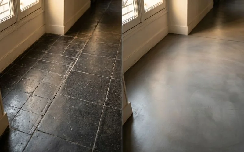 Resultat final dun sol en beton cire pose sur ancien carrelage avec rendu lisse et contemporain