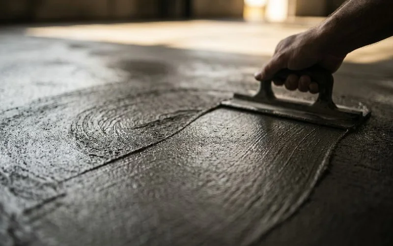 Détail de la texture d'un sol en béton ciré avec ses nuances naturelles et ses variations de couleur